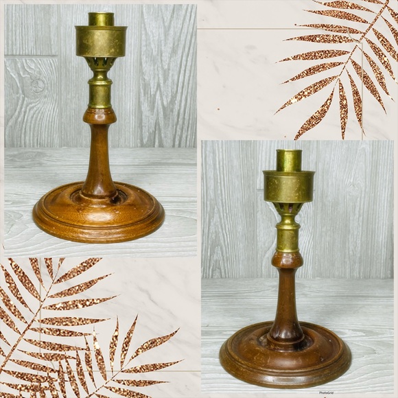 Vintage Brass Turned Wood Georgian Colonial Candlesticks set Holder / Hurricane - Picture 2 of 13